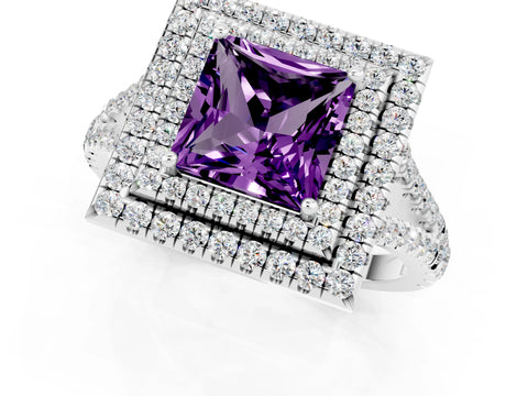 White gold Princess Cut Amethyst Double Halo Ring with Pavé Band and Prong Setting_13