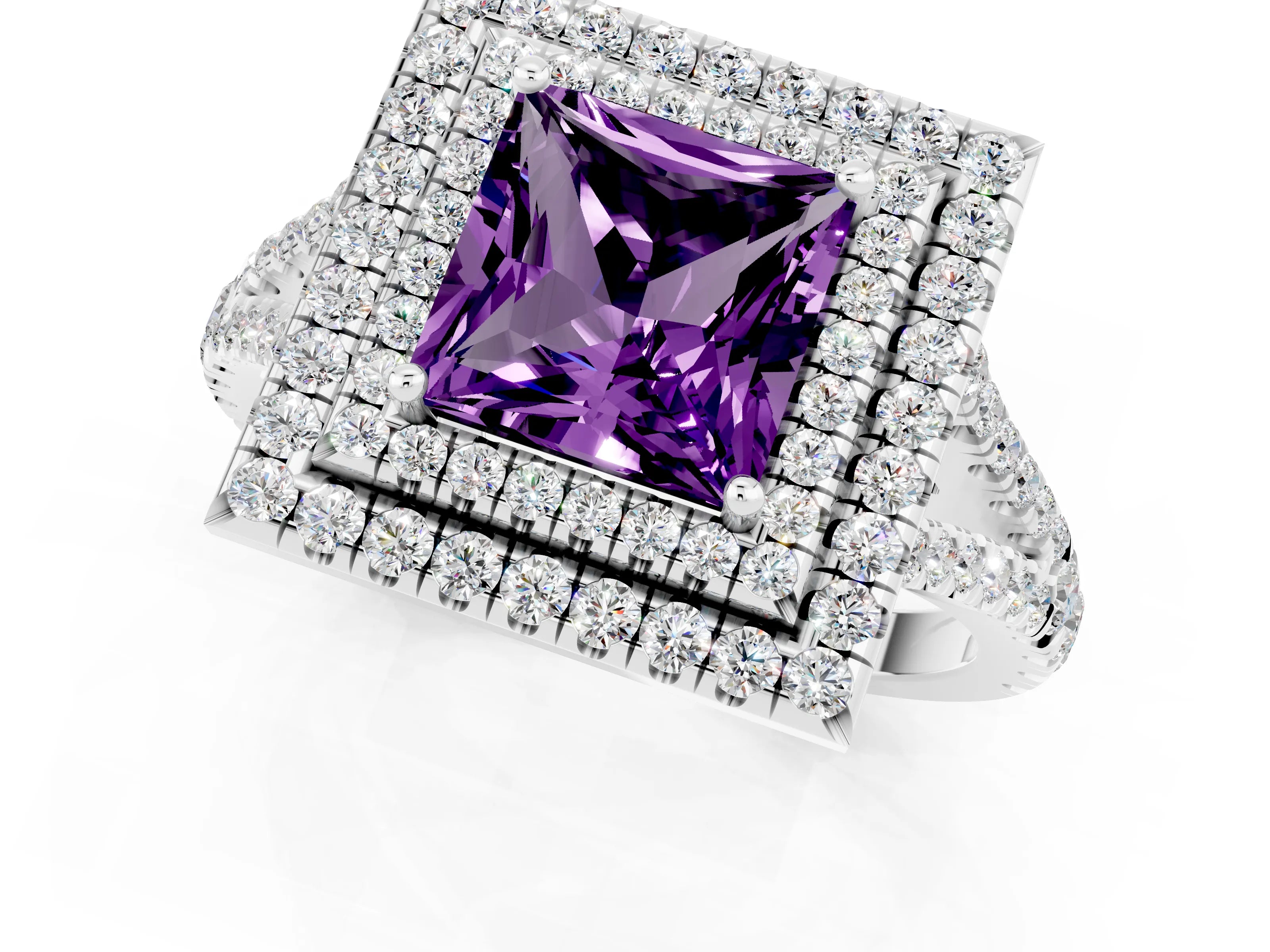 White gold Princess Cut Amethyst Double Halo Ring with Pavé Band and Prong Setting_13