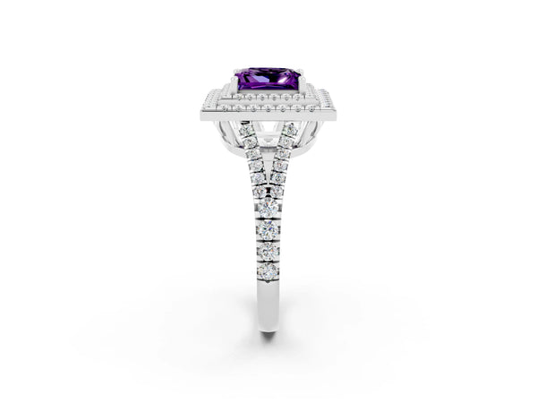 Platinum Princess Cut Amethyst Double Halo Ring with Pavé Band and Prong Setting