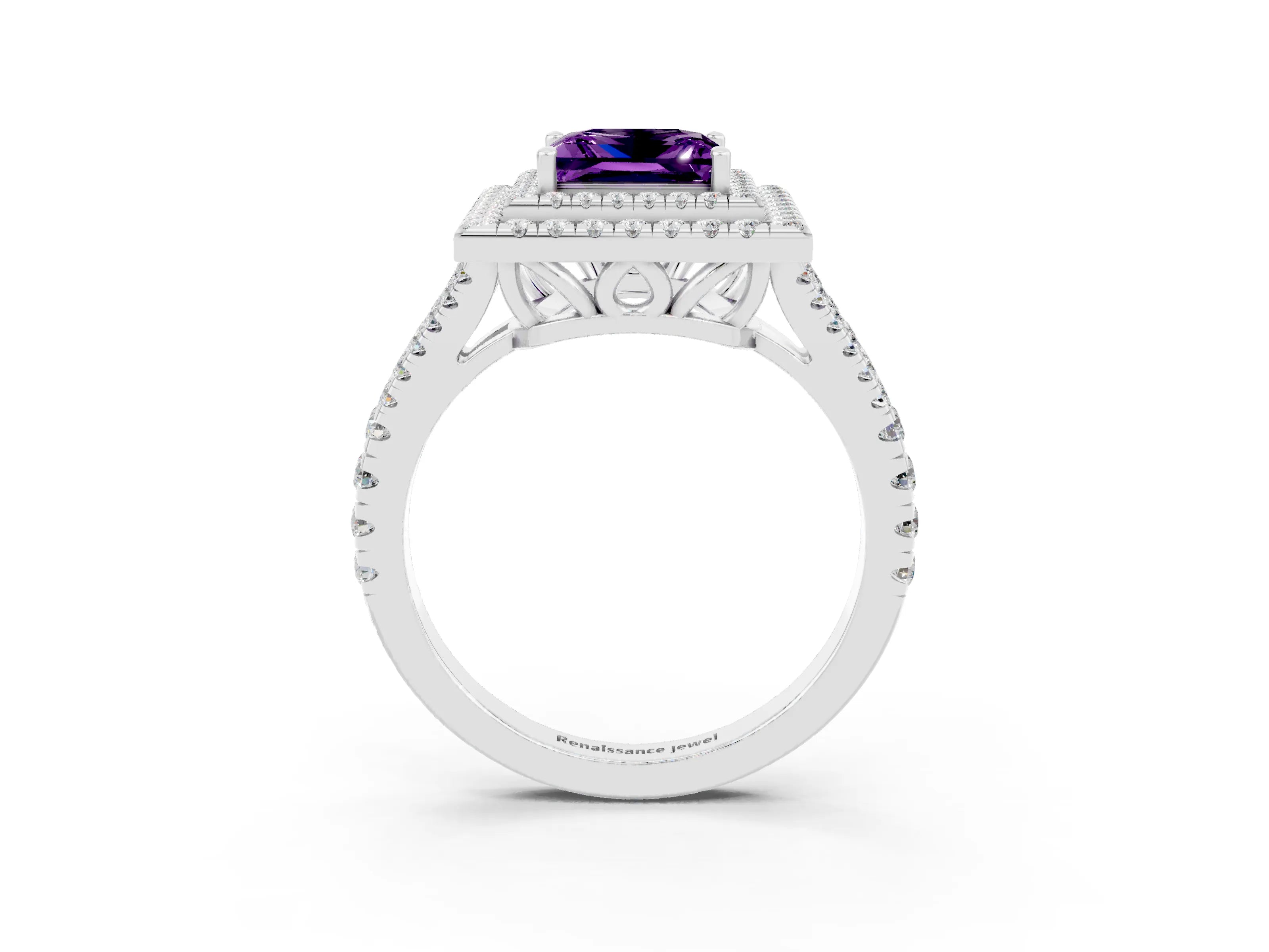White gold Princess Cut Amethyst Double Halo Ring with Pavé Band and Prong Setting_15