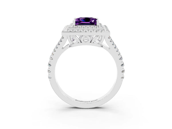 Platinum Princess Cut Amethyst Double Halo Ring with Pavé Band and Prong Setting