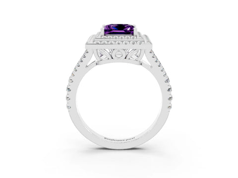 White gold Princess Cut Amethyst Double Halo Ring with Pavé Band and Prong Setting_15