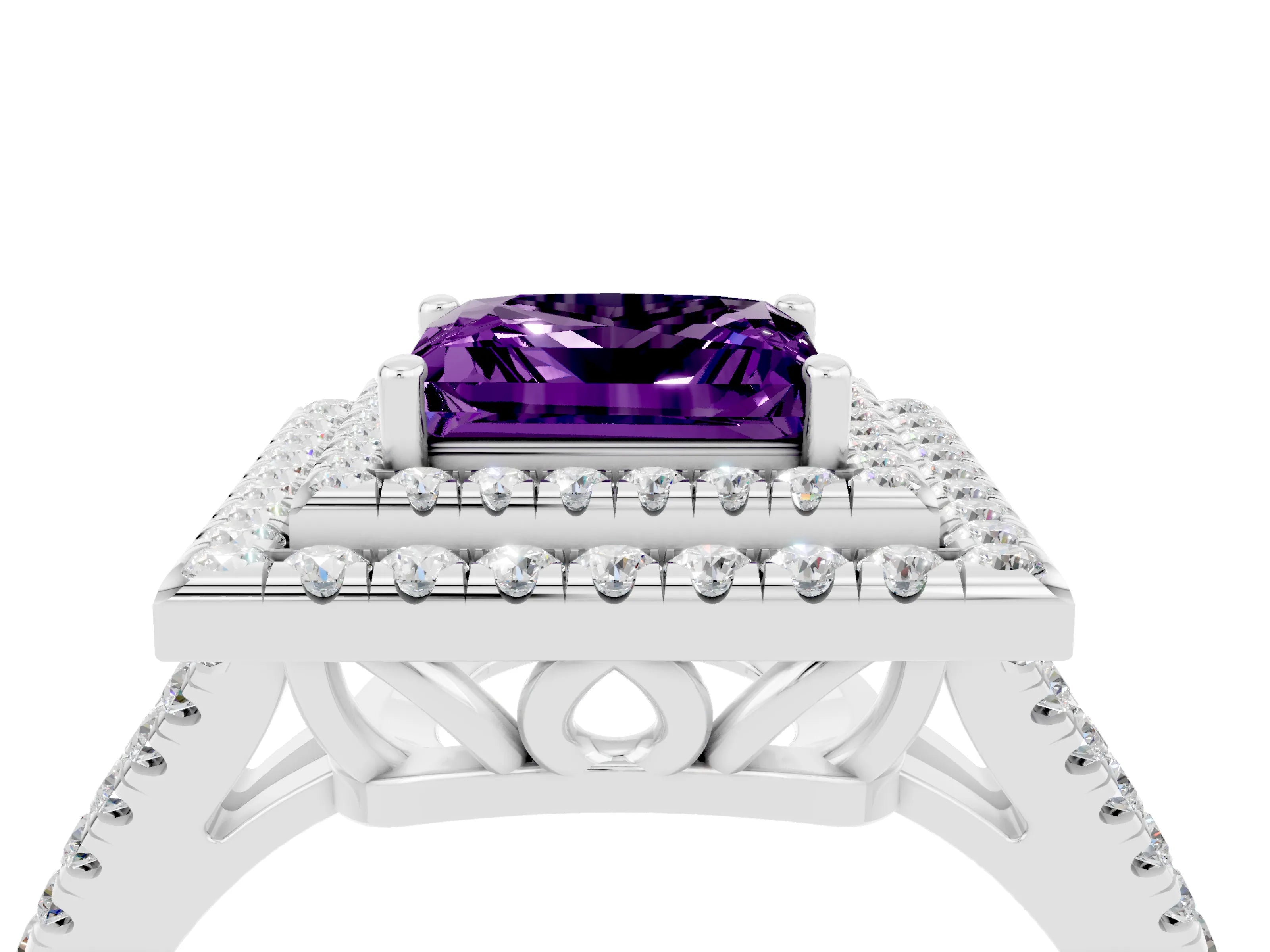 White gold Princess Cut Amethyst Double Halo Ring with Pavé Band and Prong Setting_16
