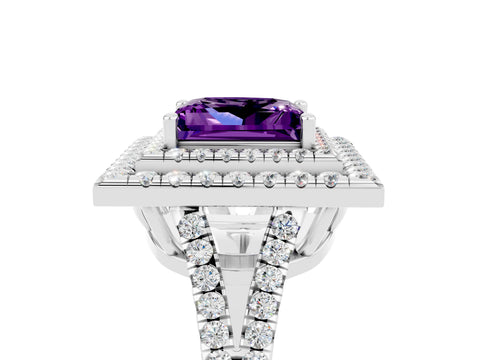 White gold Princess Cut Amethyst Double Halo Ring with Pavé Band and Prong Setting_17