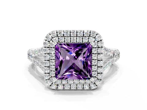 White gold Princess Cut Amethyst Double Halo Ring with Split Shank and Prong Setting_12