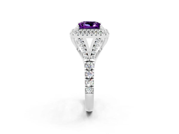 Platinum Princess Cut Amethyst Double Halo Ring with Split Shank and Prong Setting