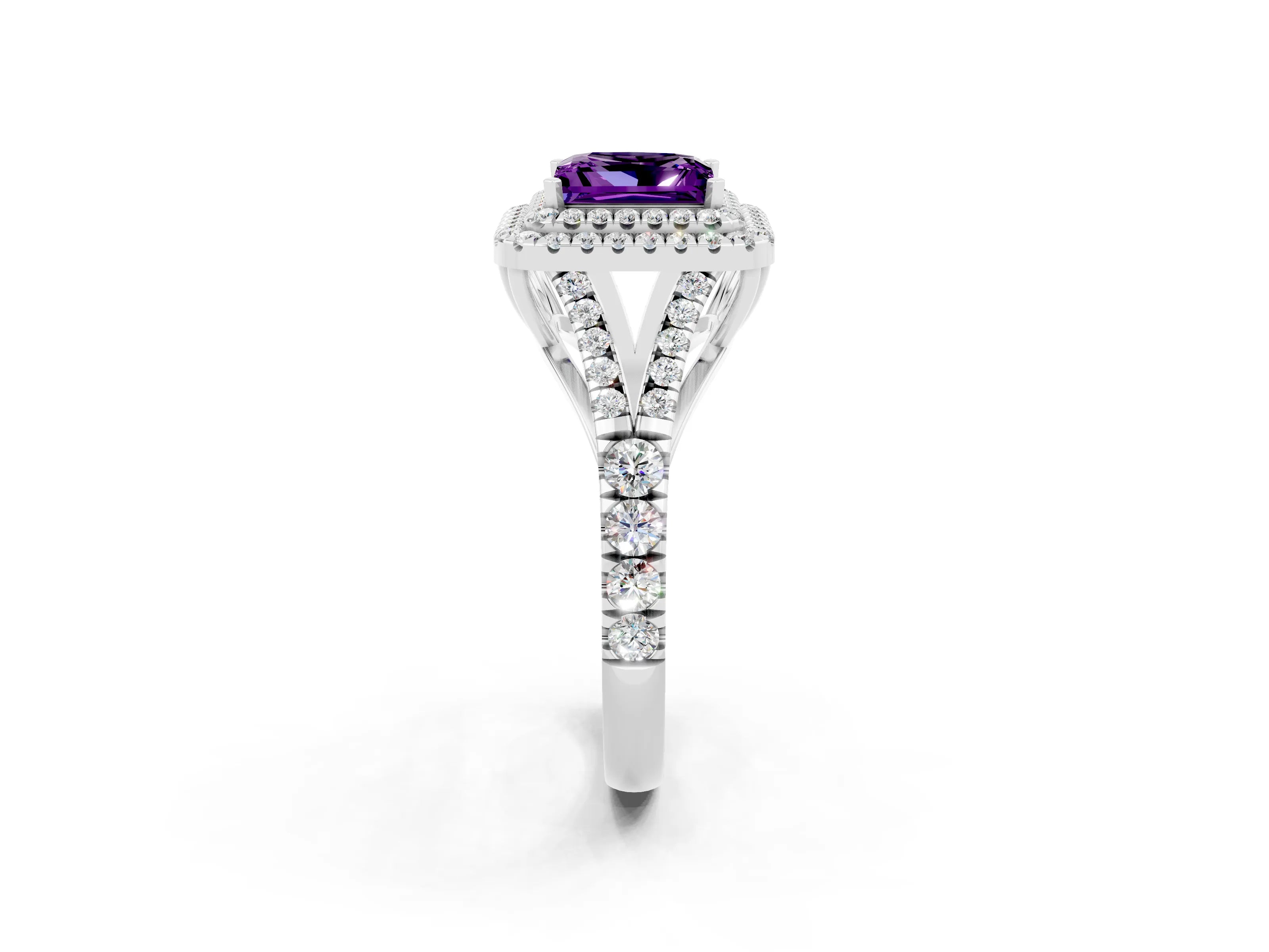 White gold Princess Cut Amethyst Double Halo Ring with Split Shank and Prong Setting_14