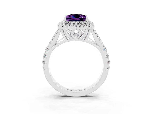 Platinum Princess Cut Amethyst Double Halo Ring with Split Shank and Prong Setting