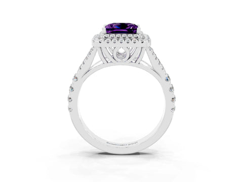 White gold Princess Cut Amethyst Double Halo Ring with Split Shank and Prong Setting_15