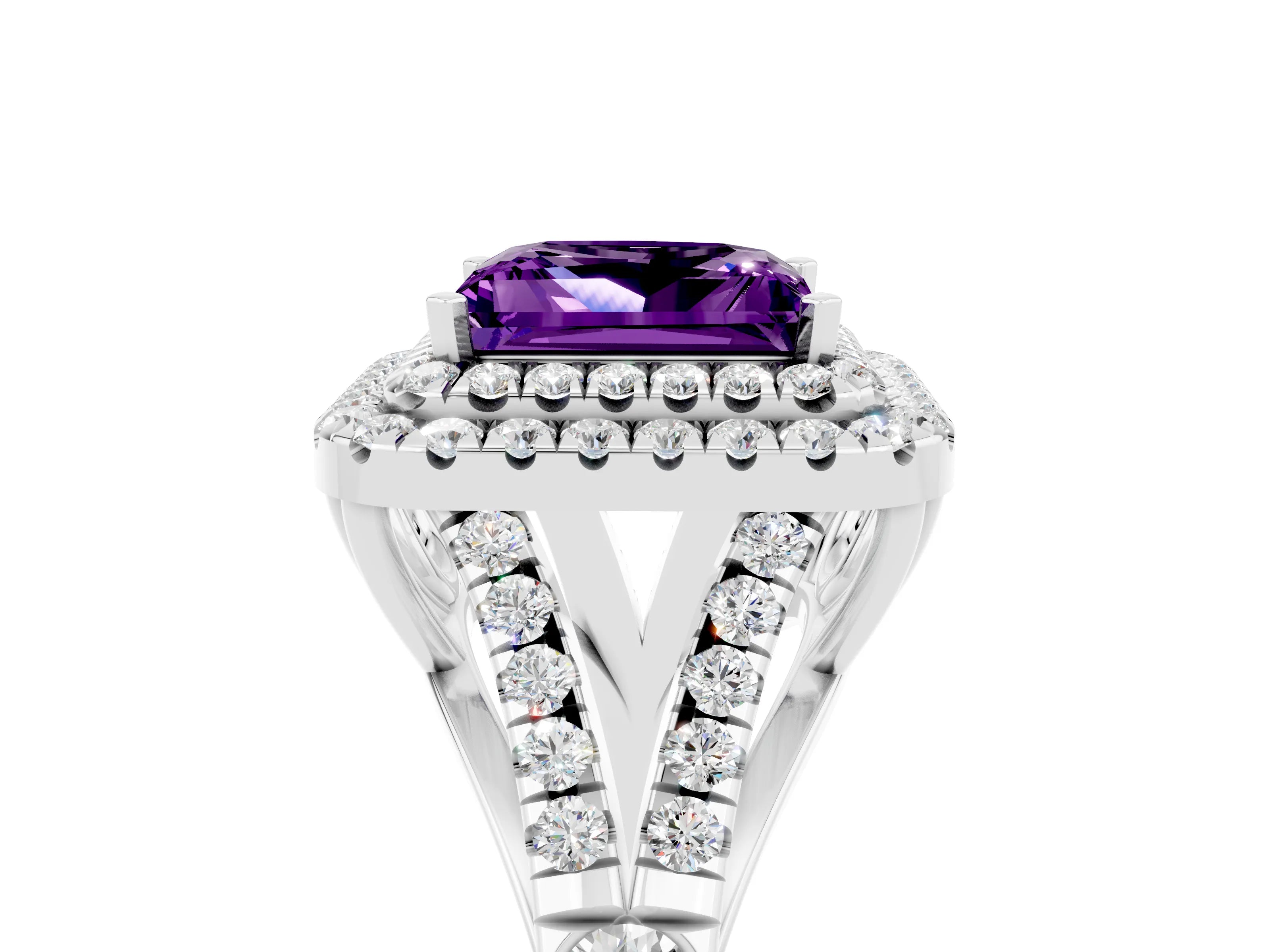 White gold Princess Cut Amethyst Double Halo Ring with Split Shank and Prong Setting_17