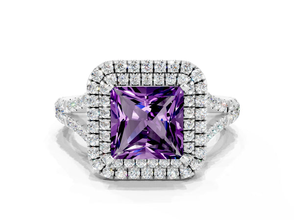 White gold Princess Cut Amethyst Double Halo Ring with Split Shank and Prong Setting
