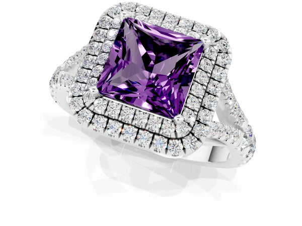 White gold Princess Cut Amethyst Double Halo Ring with Split Shank and Prong Setting