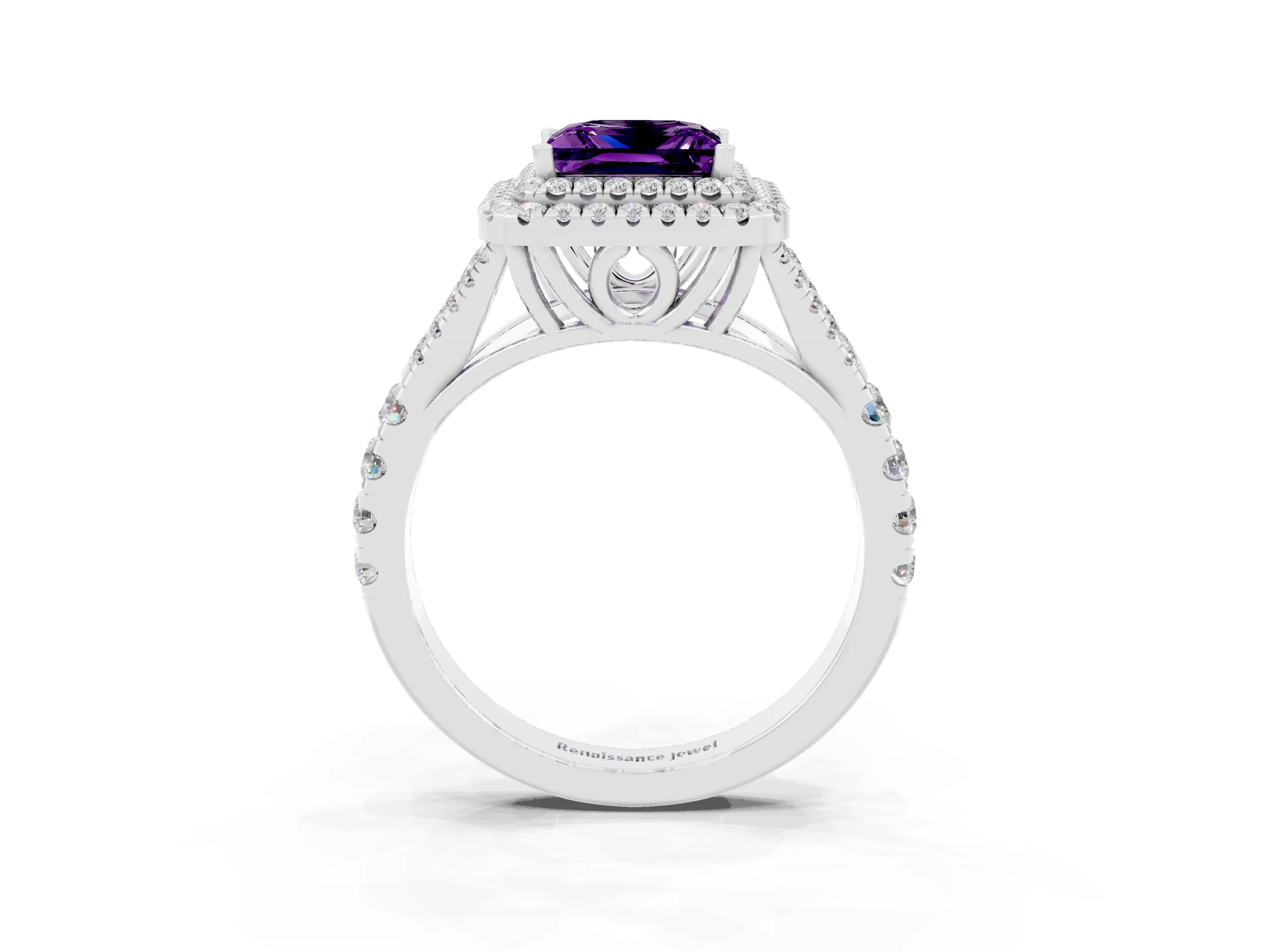 White gold Princess Cut Amethyst Double Halo Ring with Split Shank and Prong Setting_27
