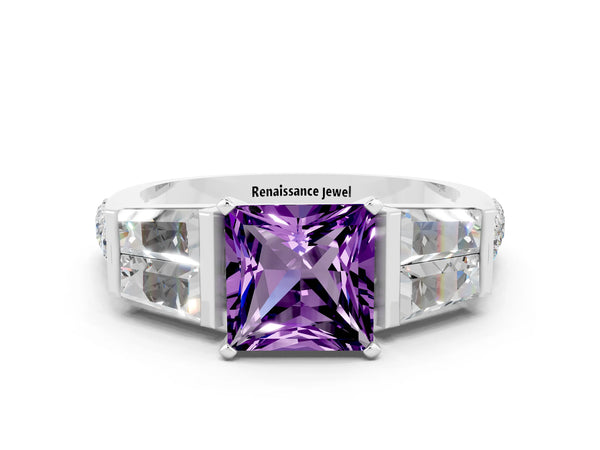 Platinum Princess Cut Amethyst Engagement Ring with Baguette Side Stones and Channel Set Band