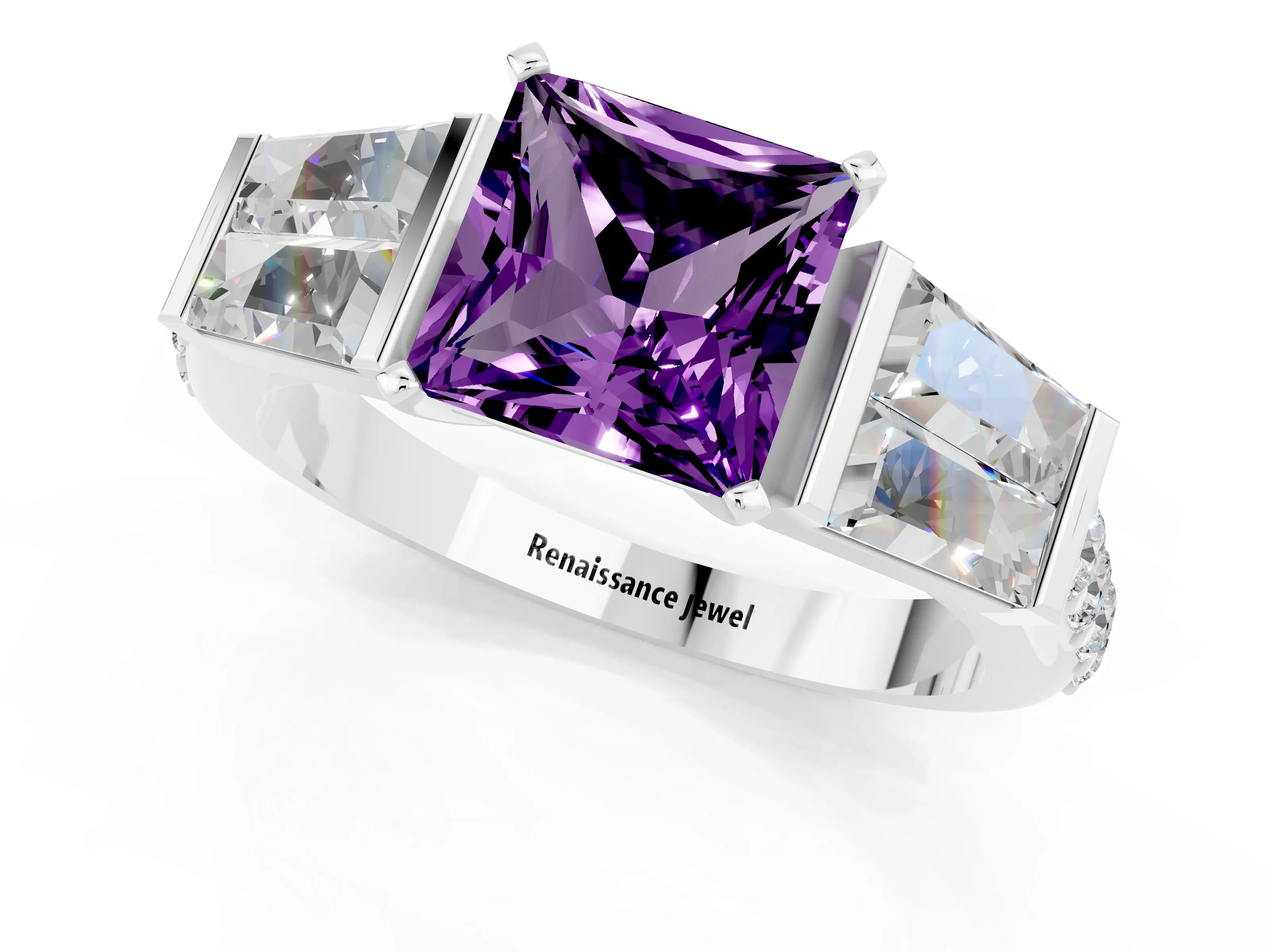 White gold Princess Cut Amethyst Engagement Ring with Baguette Side Stones and Channel Set Band_1
