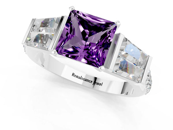 Platinum Princess Cut Amethyst Engagement Ring with Baguette Side Stones and Channel Set Band