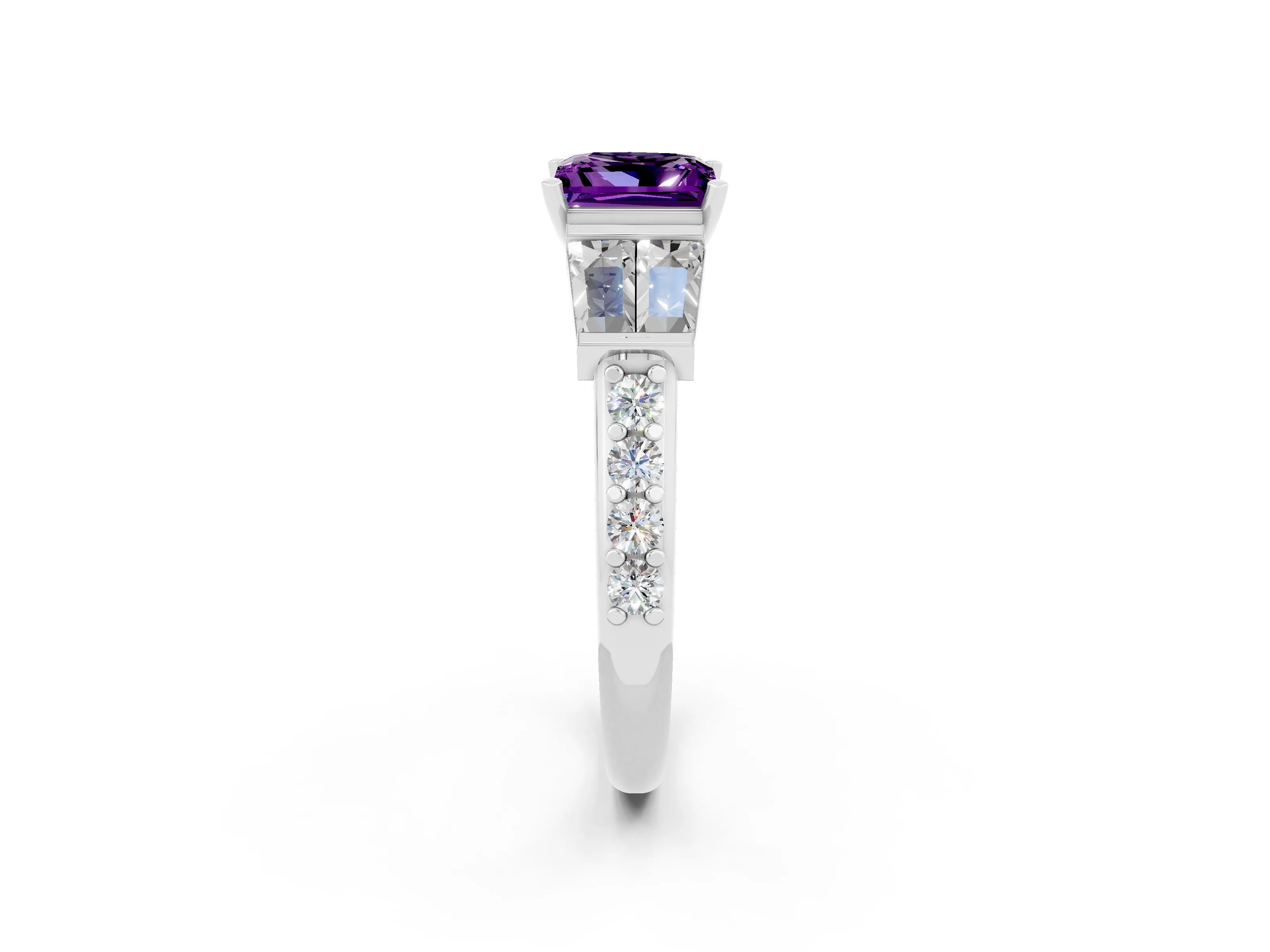 White gold Princess Cut Amethyst Engagement Ring with Baguette Side Stones and Channel Set Band_2
