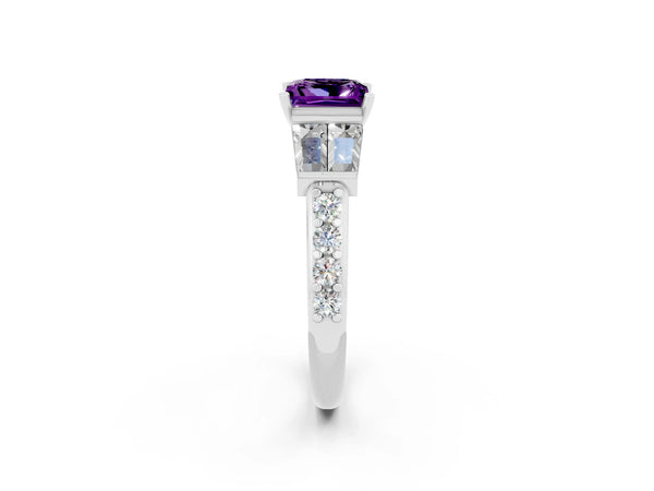 Platinum Princess Cut Amethyst Engagement Ring with Baguette Side Stones and Channel Set Band