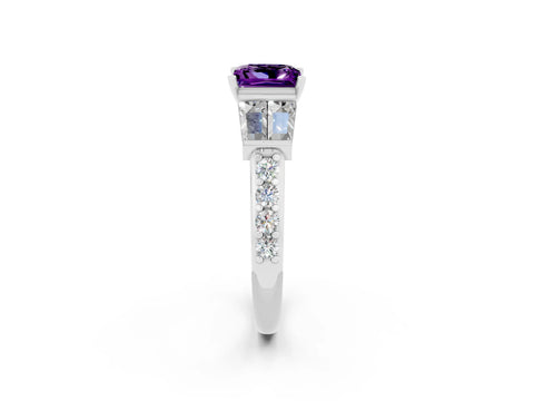 White gold Princess Cut Amethyst Engagement Ring with Baguette Side Stones and Channel Set Band_2
