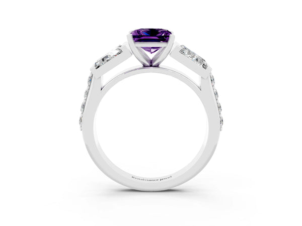 Platinum Princess Cut Amethyst Engagement Ring with Baguette Side Stones and Channel Set Band