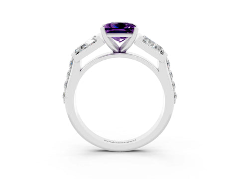 White gold Princess Cut Amethyst Engagement Ring with Baguette Side Stones and Channel Set Band_3