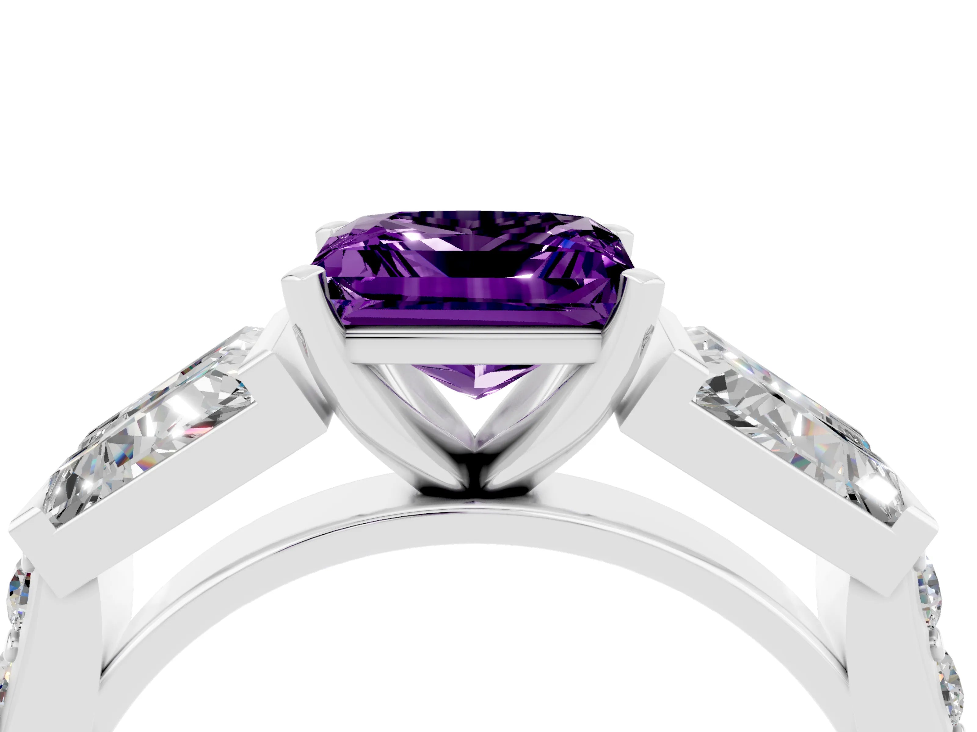 White gold Princess Cut Amethyst Engagement Ring with Baguette Side Stones and Channel Set Band_4