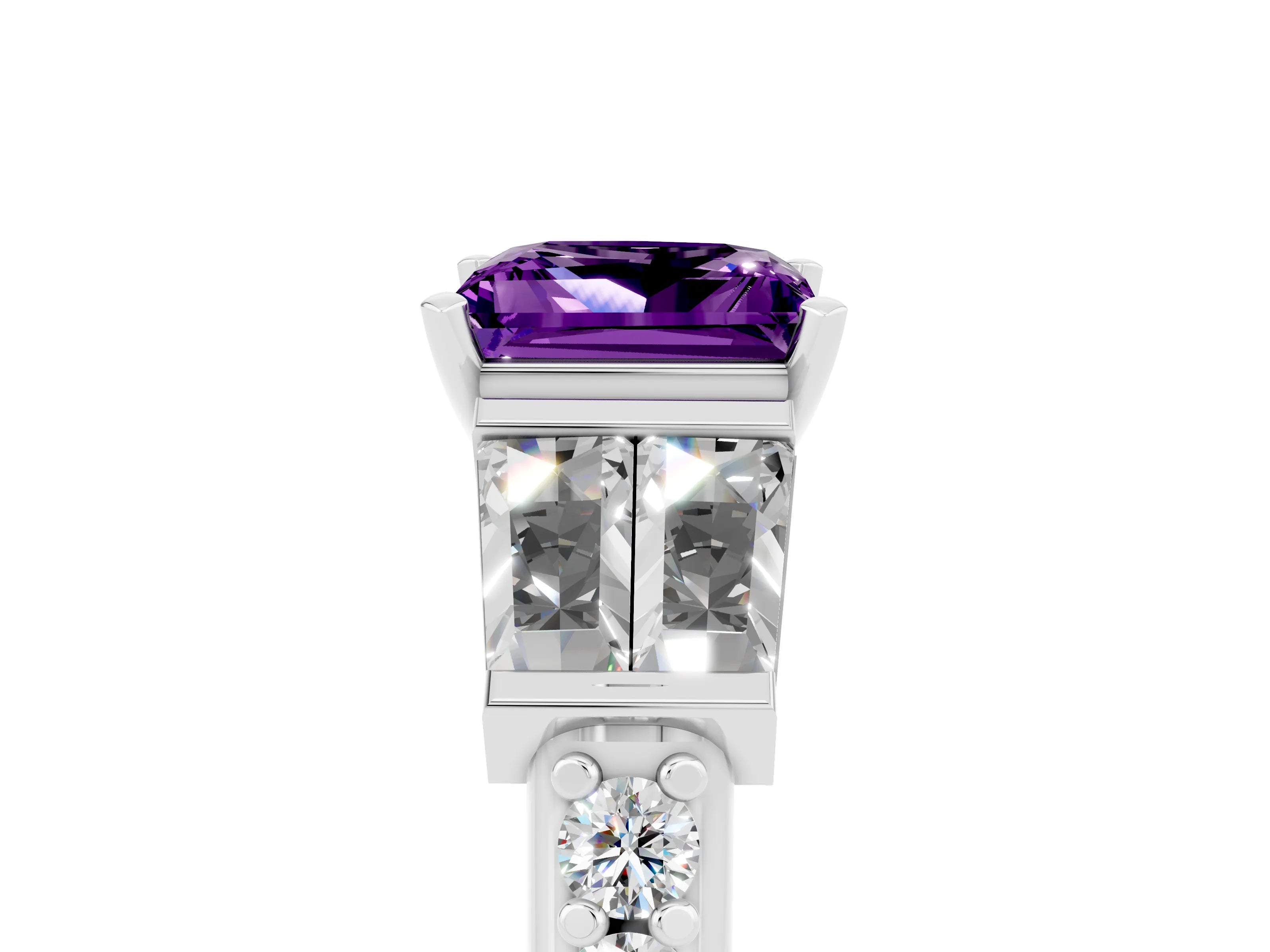 White gold Princess Cut Amethyst Engagement Ring with Baguette Side Stones and Channel Set Band_5