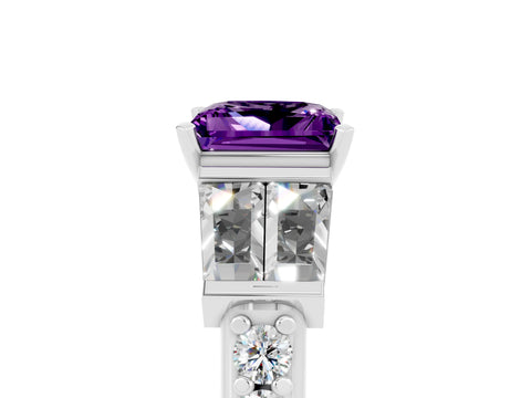 White gold Princess Cut Amethyst Engagement Ring with Baguette Side Stones and Channel Set Band_5