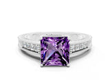 White gold Princess Cut Amethyst Engagement Ring with Milgrain Channel Set Band and Prong Setting