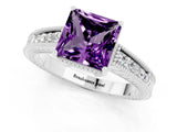 White gold Princess Cut Amethyst Engagement Ring with Milgrain Channel Set Band and Prong Setting_1