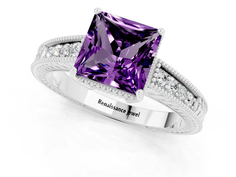 White gold Princess Cut Amethyst Engagement Ring with Milgrain Channel Set Band and Prong Setting_1
