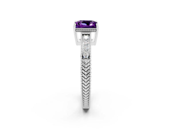 Platinum Princess Cut Amethyst Engagement Ring with Milgrain Channel Set Band and Prong Setting