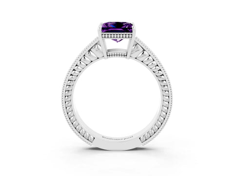 White gold Princess Cut Amethyst Engagement Ring with Milgrain Channel Set Band and Prong Setting_3