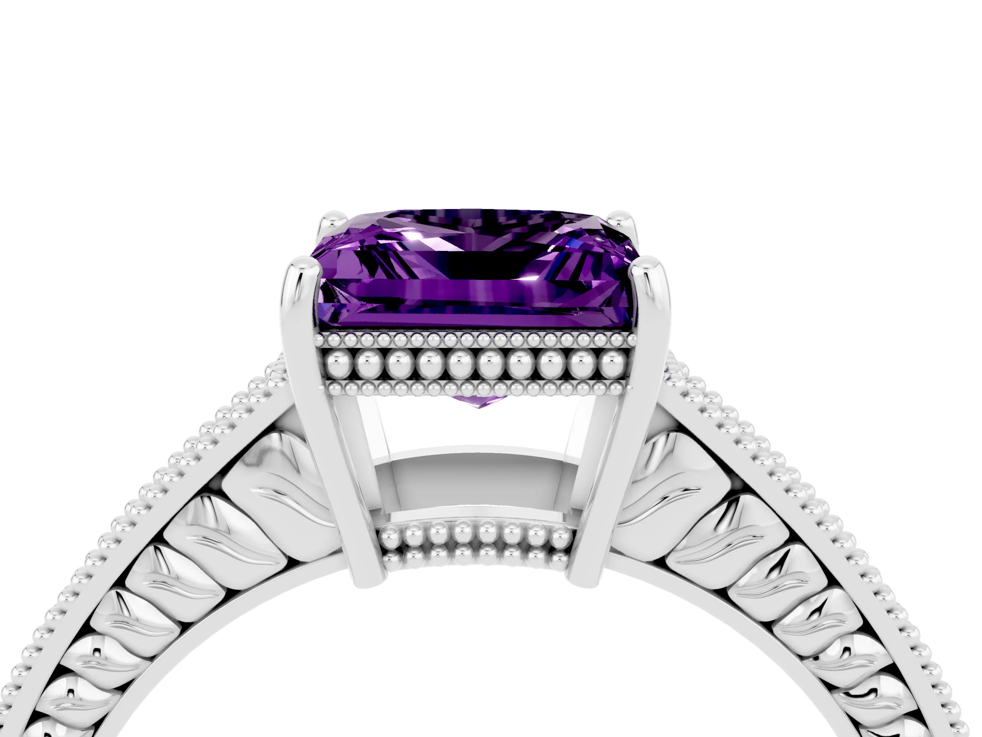 White gold Princess Cut Amethyst Engagement Ring with Milgrain Channel Set Band and Prong Setting_4