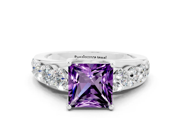 Platinum Princess Cut Amethyst Engagement Ring with Pavé Band and Four-Prong Setting