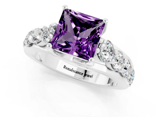Silver Princess Cut Amethyst Engagement Ring with Pavé Band and Four-Prong Setting