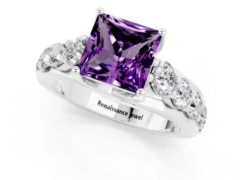 White gold Princess Cut Amethyst Engagement Ring with Pavé Band and Four-Prong Setting_1