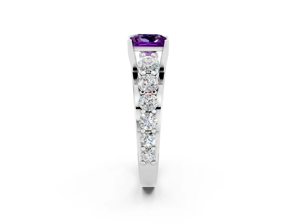 Platinum Princess Cut Amethyst Engagement Ring with Pavé Band and Four-Prong Setting