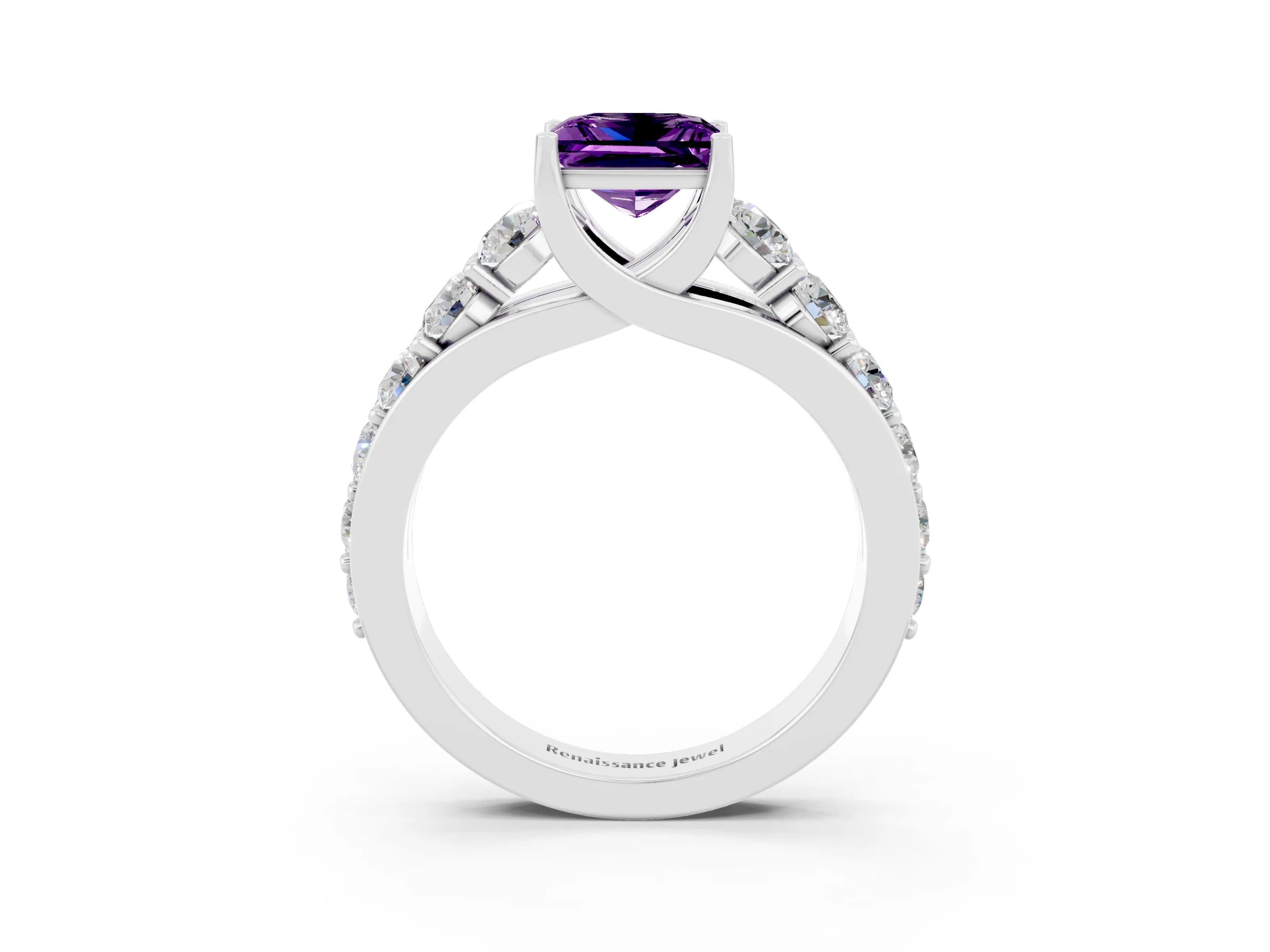 White gold Princess Cut Amethyst Engagement Ring with Pavé Band and Four-Prong Setting_3