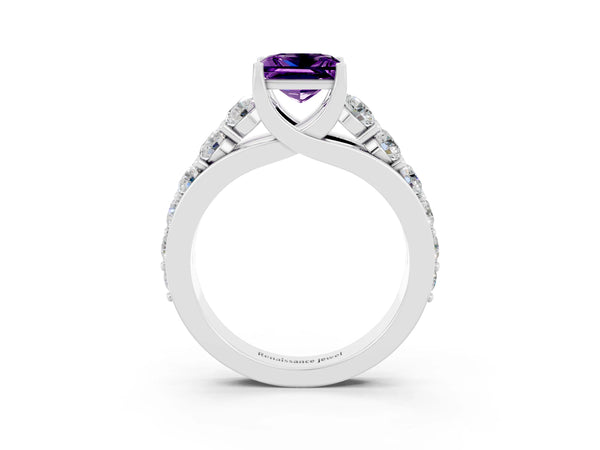 White gold Princess Cut Amethyst Engagement Ring with Pavé Band and Four-Prong Setting