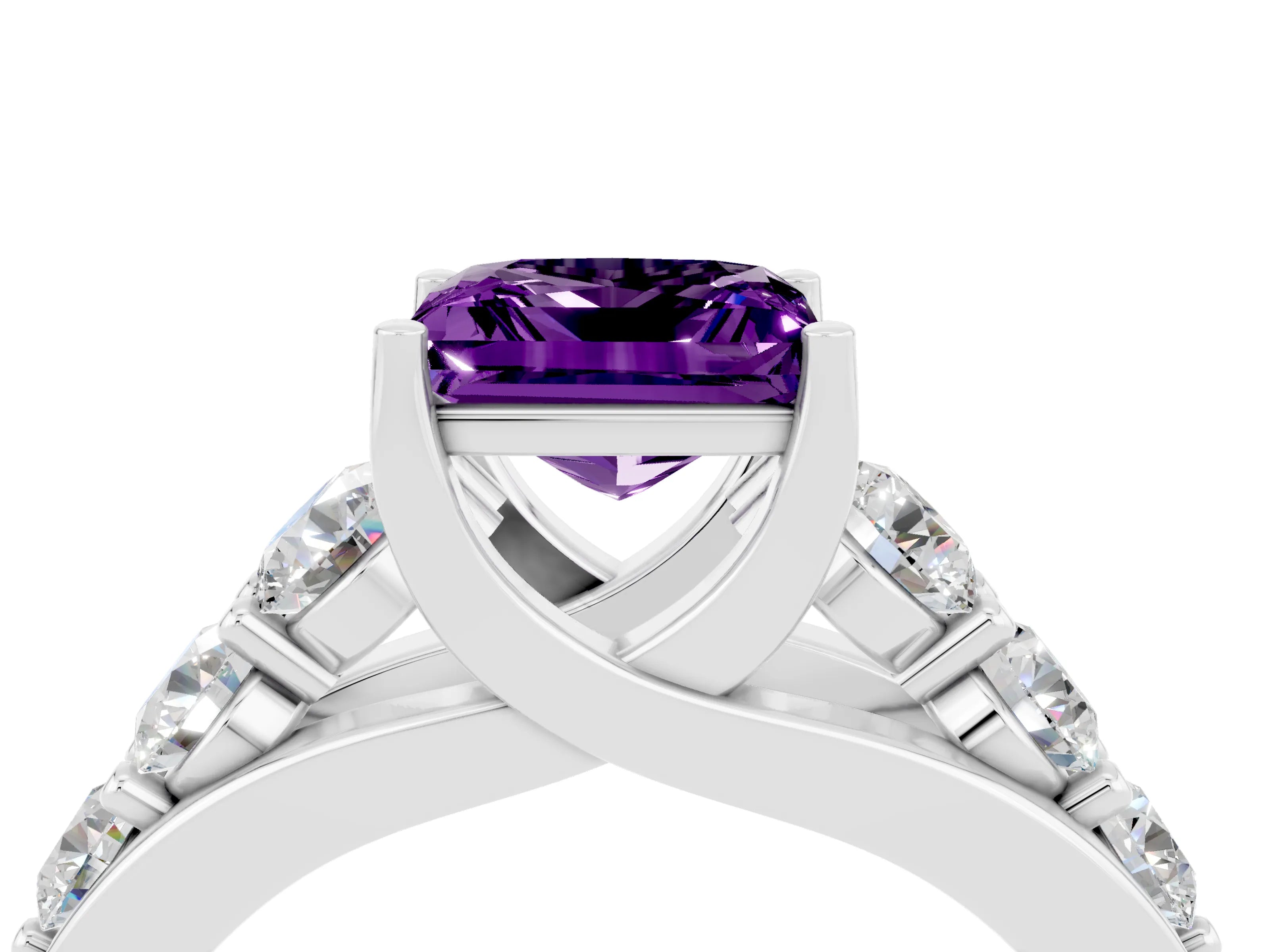 White gold Princess Cut Amethyst Engagement Ring with Pavé Band and Four-Prong Setting_4