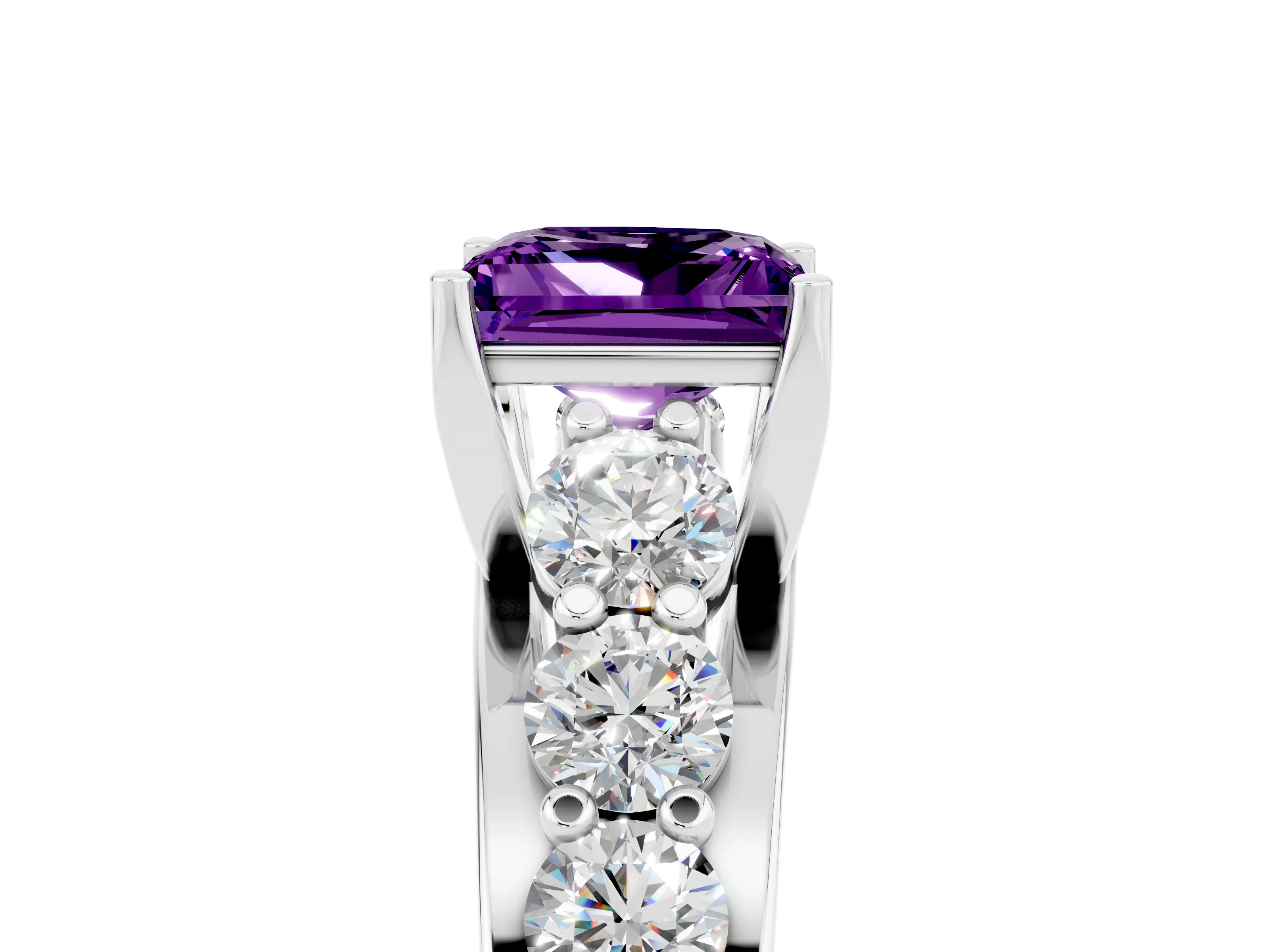 White gold Princess Cut Amethyst Engagement Ring with Pavé Band and Four-Prong Setting_5