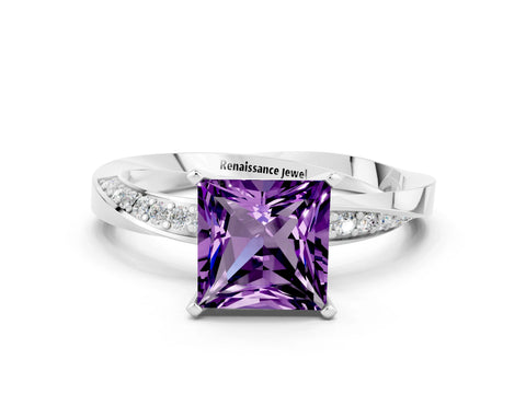 White gold Princess Cut Amethyst Engagement Ring with Side Stone Accents and Four-Prong Setting_39