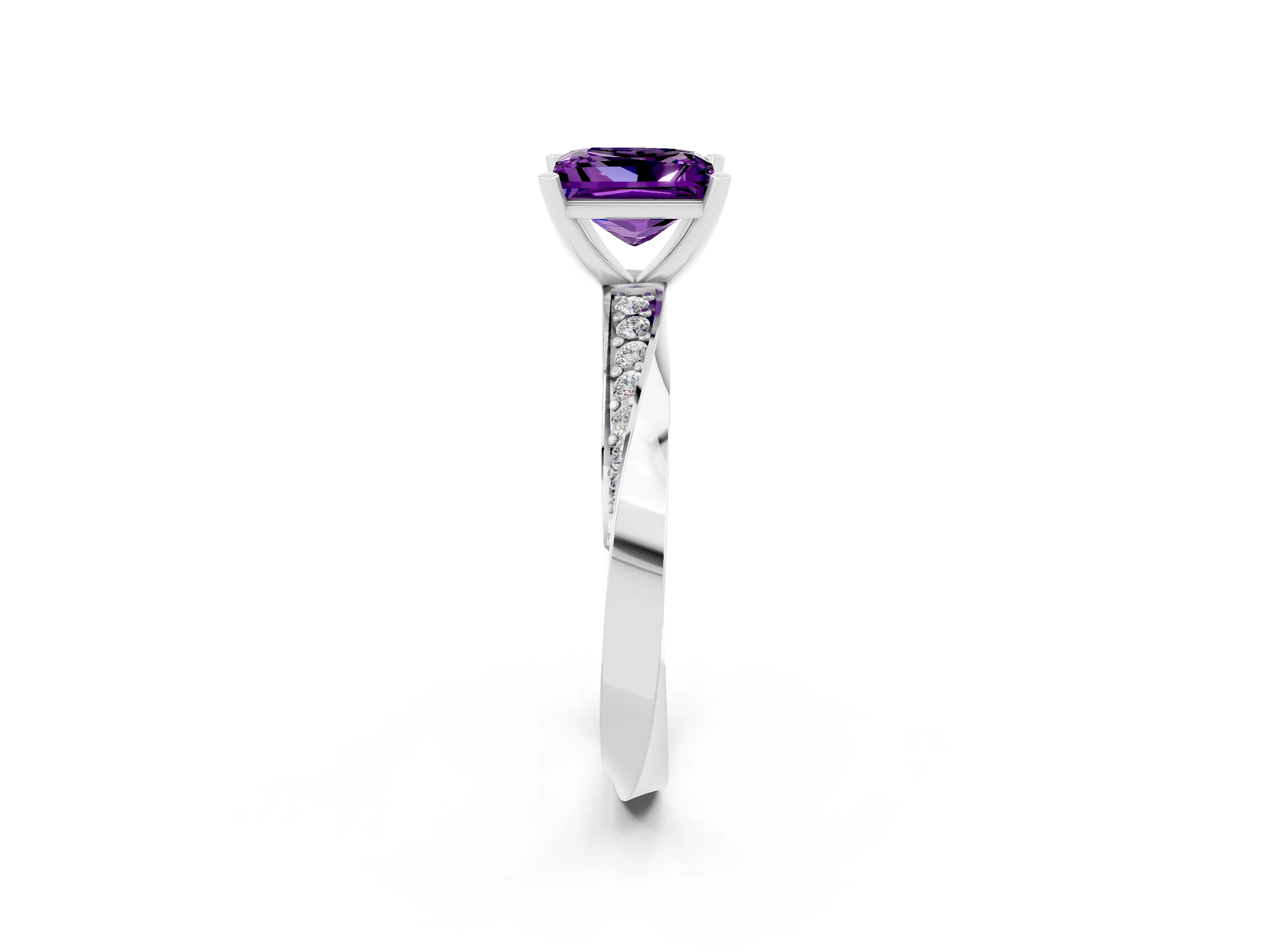 White gold Princess Cut Amethyst Engagement Ring with Side Stone Accents and Four-Prong Setting_41