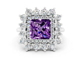 White gold Princess Cut Amethyst Floral Double Halo Engagement Ring with Prong Setting_60