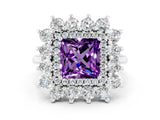 White gold Princess Cut Amethyst Floral Double Halo Engagement Ring with Prong Setting_72
