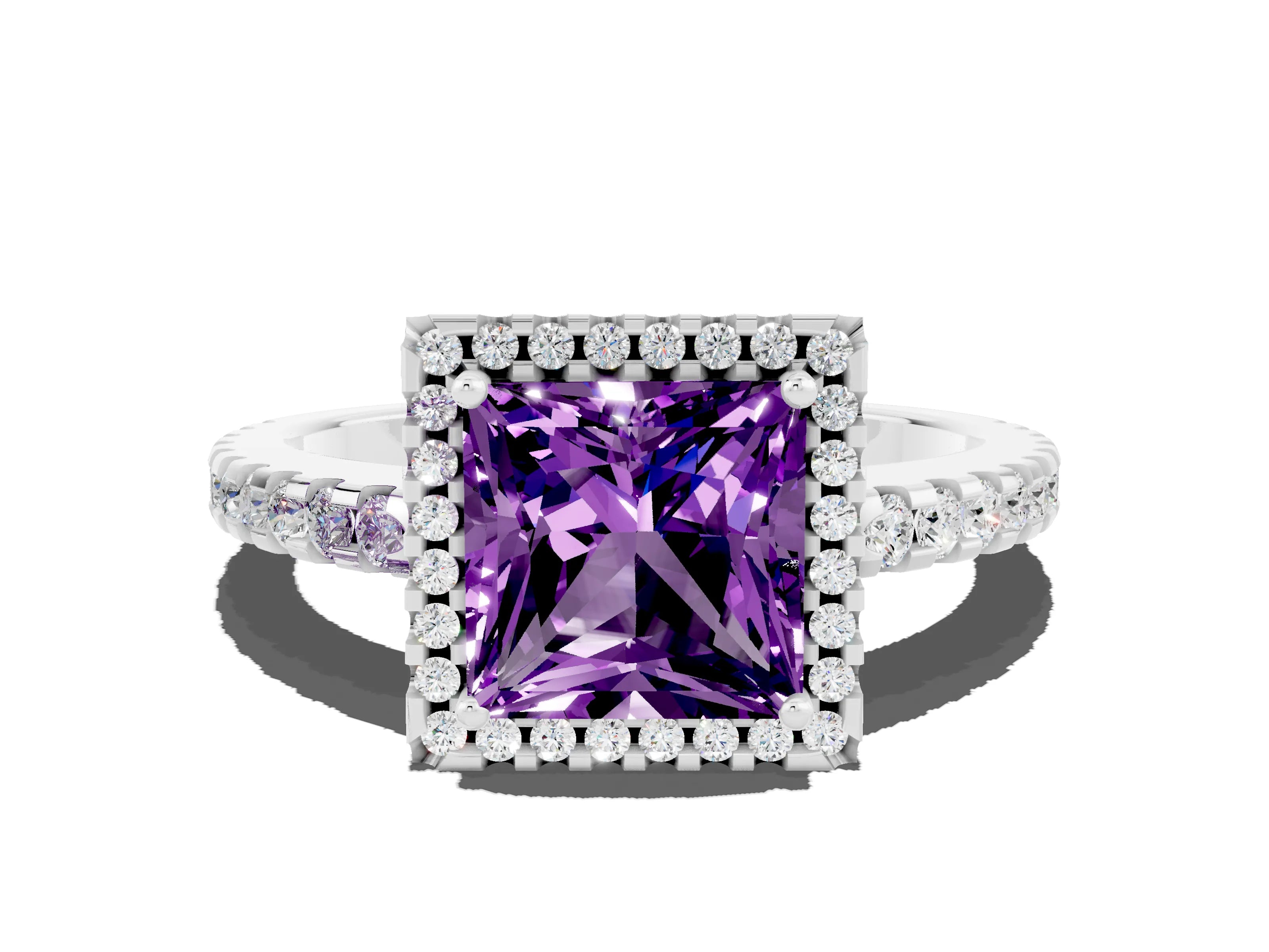 White gold Princess Cut Amethyst Halo Engagement Ring with Pavé Band and Prong Setting_12