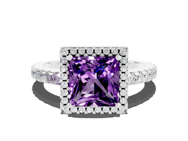Silver Princess Cut Amethyst Halo Engagement Ring with Pavé Band and Prong Setting