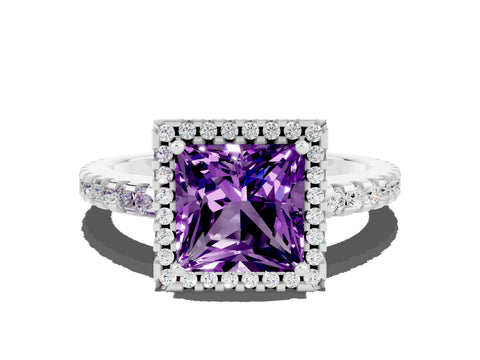 White gold Princess Cut Amethyst Halo Engagement Ring with Pavé Band and Prong Setting_12