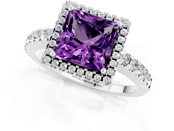 Platinum Princess Cut Amethyst Halo Engagement Ring with Pavé Band and Prong Setting